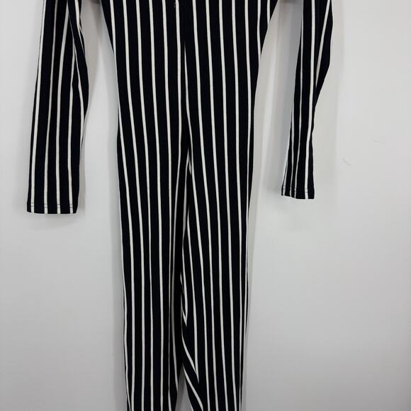So Real Bodcon Jumpsuit size Medium Black White Striped Long Sleeve collared New - Picture 4 of 11
